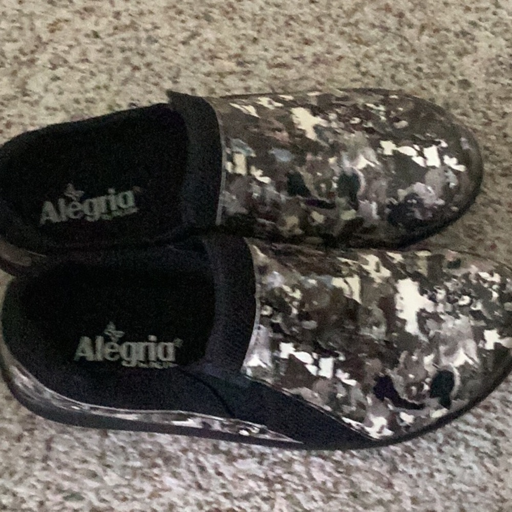 Alegria Black and Gray Slip on Shoes with Camouflage Pattern